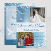 Blue Waterverf Doves Photo Wedding Save the Date (Voorkant / Achterkant)