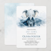 Blue Waterverf Elephant Baby shower Invitation Kaart (Voorkant / Achterkant)