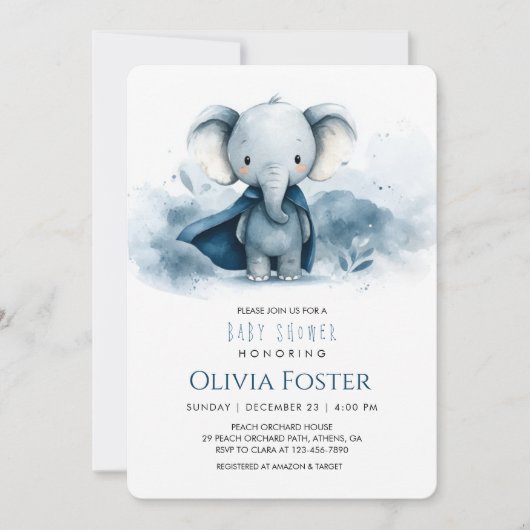 Blue Waterverf Elephant Baby shower Invitation Kaart (Voorkant)