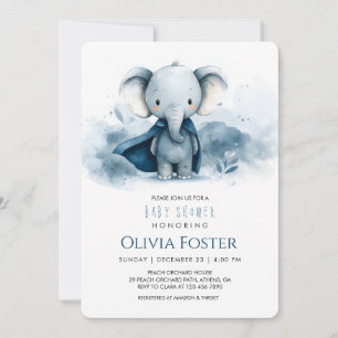 Blue Waterverf Elephant Baby shower Invitation Kaart
