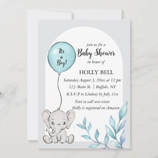 Blue Waterverf Elephant Baby shower Invitation Kaart (Voorkant)