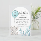 Blue Waterverf Elephant Baby shower Invitation Kaart (Staand voorkant)