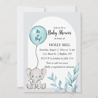 Blue Waterverf Elephant Baby shower Invitation Kaart