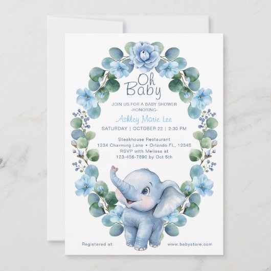 Blue Waterverf Elephant Baby shower - Uitnodiging (Voorkant)