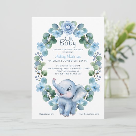 Blue Waterverf Elephant Baby shower - Uitnodiging (Staand voorkant)