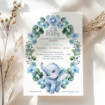 Blue Waterverf Elephant Baby shower - Uitnodiging