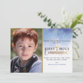 Blue Waterverf First Heilige Commune Foto Bedankkaart (Staand voorkant)