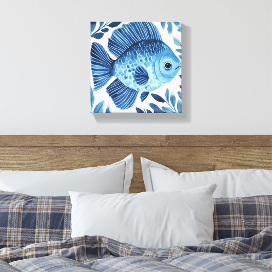 Blue Waterverf Fish Coastal Decor Canvas (Insitu (Slaapkamer))