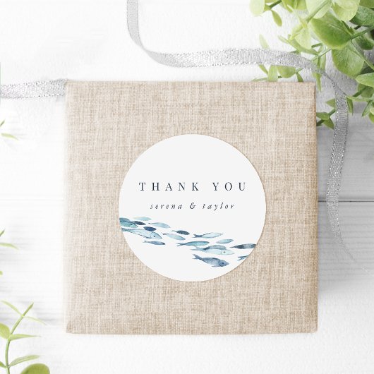 Blue Waterverf Fish Wedding Favor Ronde Sticker