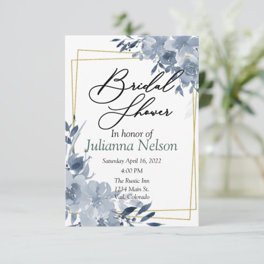 Blue waterverf floral and Gold lijst nodigt u uit Kaart (Staand voorkant)