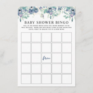 Blue Waterverf Floral Baby shower Bingo Game Card Informatiekaartje