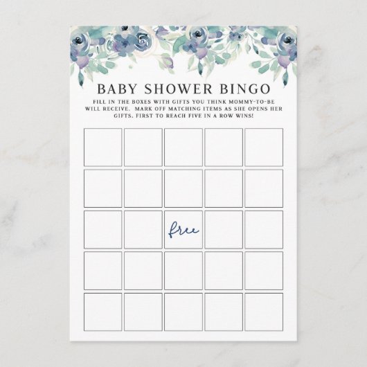 Blue Waterverf Floral Baby shower Bingo Game Card Informatiekaartje (Voorkant)