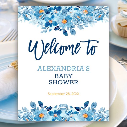 Blue Waterverf Floral Baby shower Welcome Sign Poster