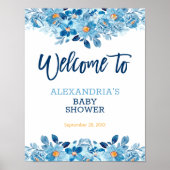 Blue Waterverf Floral Baby shower Welcome Sign Poster (Voorkant)