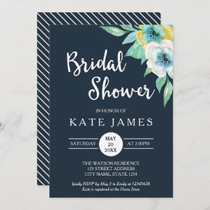 Blue Waterverf Floral Bridal Shower Kaart