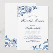 Blue Waterverf Floral Bridal Shower Kaart (Voorkant / Achterkant)