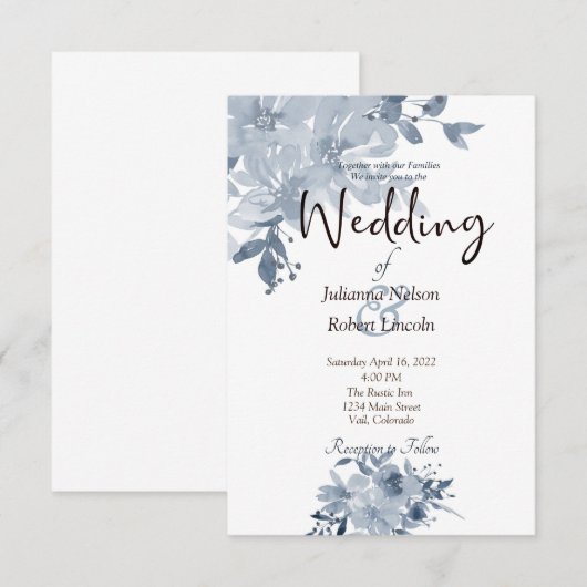 Blue waterverf floral bruiloft kaart (Voorkant / Achterkant)