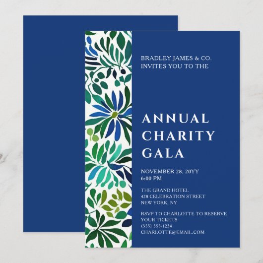 Blue Waterverf Floral Charity Event Gala Party Kaart (Voorkant / Achterkant)