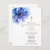 Blue Waterverf Floral Confirmation Invitation Briefkaart (Voorkant / Achterkant)