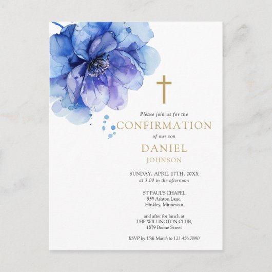 Blue Waterverf Floral Confirmation Invitation Briefkaart (Voorkant)