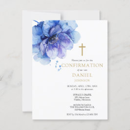 Blue Waterverf Floral Confirmation Invitation Briefkaart