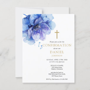 Blue Waterverf Floral Confirmation Invitation Briefkaart