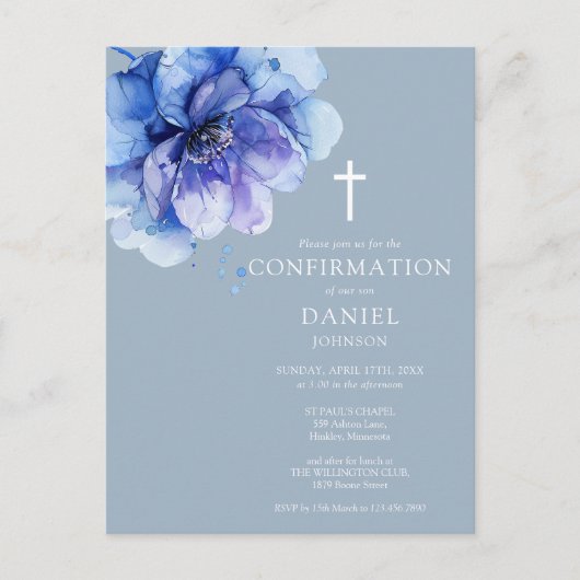 Blue Waterverf Floral Confirmation Invitation Briefkaart (Voorkant)