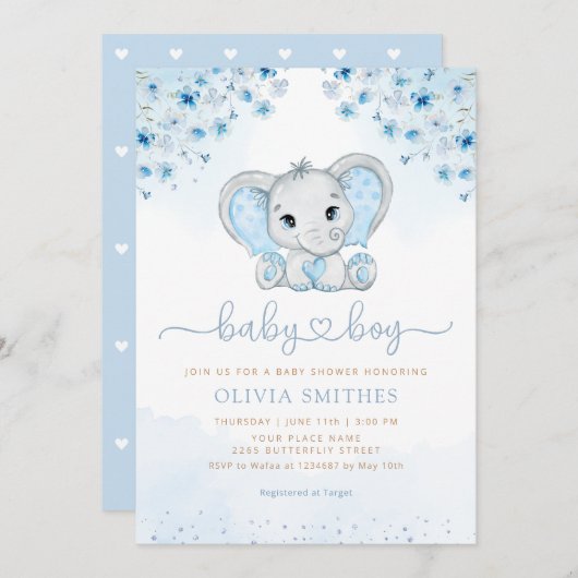Blue Waterverf Floral Elephant Boy Baby shower Kaart (Voorkant / Achterkant)