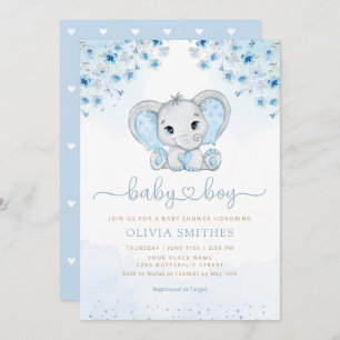 Blue Waterverf Floral Elephant Boy Baby shower Kaart