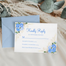 Blue Waterverf Floral Gold Wedding RSVP-kaart