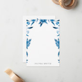 Blue waterverf floral Personalized Stationery Notitiekaartje (Voorkant / Achterkant in situ)