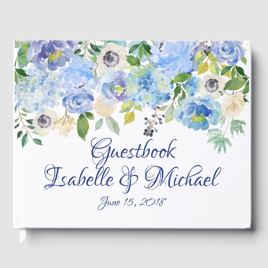 Blue Waterverf Floral Personalized Wedding Gastenboek (Voorkant)
