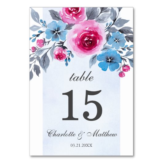 Blue Waterverf Floral Personalized Wedding Kaart (Voorkant)