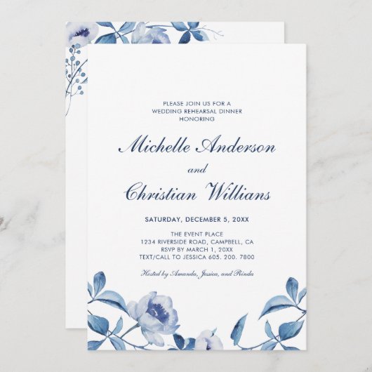 Blue Waterverf Floral Rehearings Kaart (Voorkant / Achterkant)