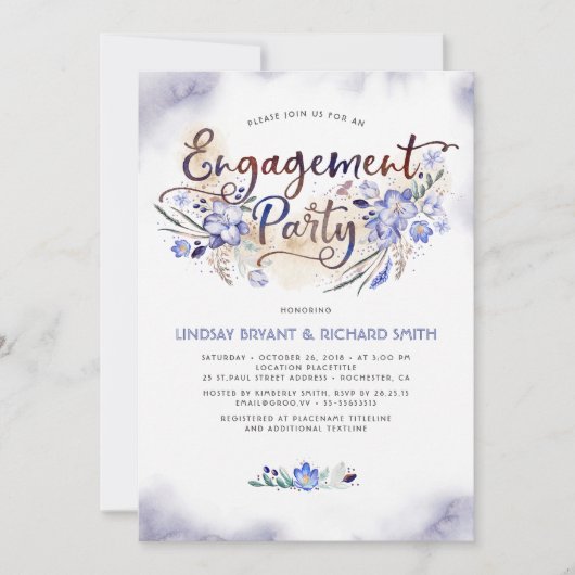 Blue Waterverf Floral Script Engagement Party Kaart (Voorkant)