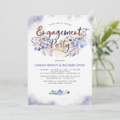 Blue Waterverf Floral Script Engagement Party Kaart (Staand voorkant)