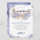 Blue Waterverf Floral Script Engagement Party Kaart (Voorkant / Achterkant)