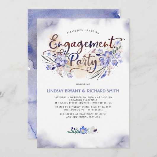 Blue Waterverf Floral Script Engagement Party Kaart (Voorkant / Achterkant)