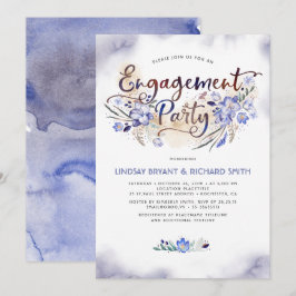 Blue Waterverf Floral Script Engagement Party Kaart