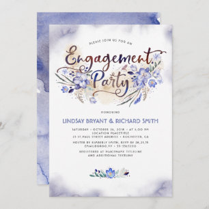 Blue Waterverf Floral Script Engagement Party Kaart