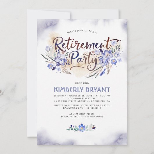 Blue Waterverf Floral Script Retirement Party Kaart (Voorkant)