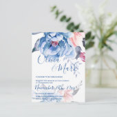 Blue Waterverf Floral Script Wedding Briefkaart (Staand voorkant)