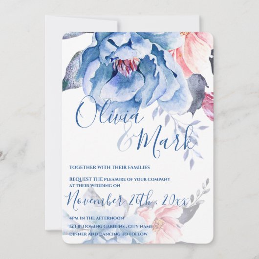 Blue Waterverf Floral Script Wedding Kaart (Voorkant)