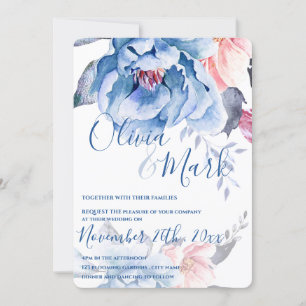 Blue Waterverf Floral Script Wedding Kaart