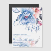 Blue Waterverf Floral Script Wedding Magnetische Uitnodiging (Voorkant / Achterkant)
