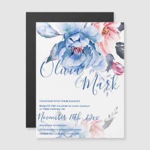 Blue Waterverf Floral Script Wedding Magnetische Uitnodiging