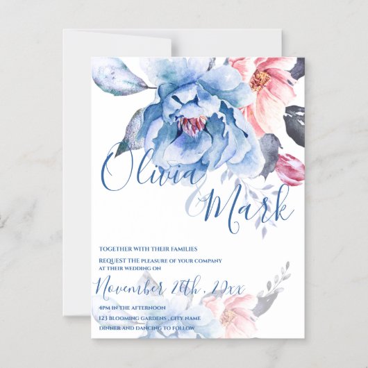 Blue Waterverf Floral Script Wedding Magnetische Uitnodiging (Voorkant)