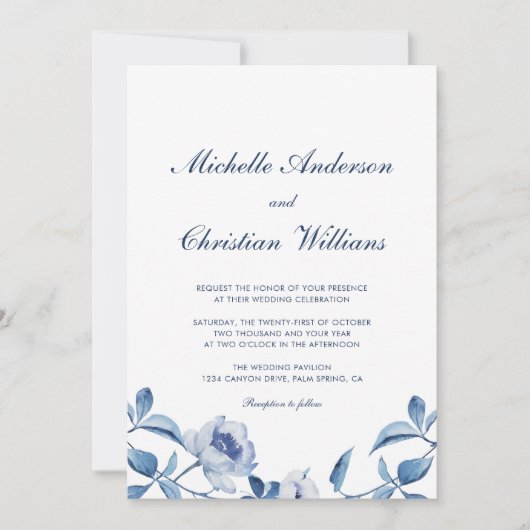 Blue Waterverf Floral Wedding Invitation Kaart (Voorkant)