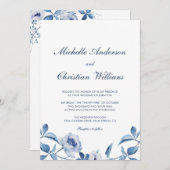 Blue Waterverf Floral Wedding Invitation Kaart (Voorkant / Achterkant)