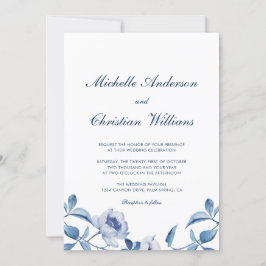 Blue Waterverf Floral Wedding Invitation Kaart